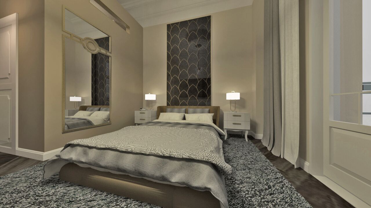 A modern bedroom with a large bed, two bedside tables, a mirror, and a patterned wall.
