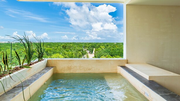 Piscina interior moderna com vista para uma paisagem verde exuberante e céu azul límpido.