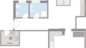 A floor plan with a living area, kitchen, two bedrooms, a bathroom, and a terrace. - EULE by Summit Residence (Serfaus)
