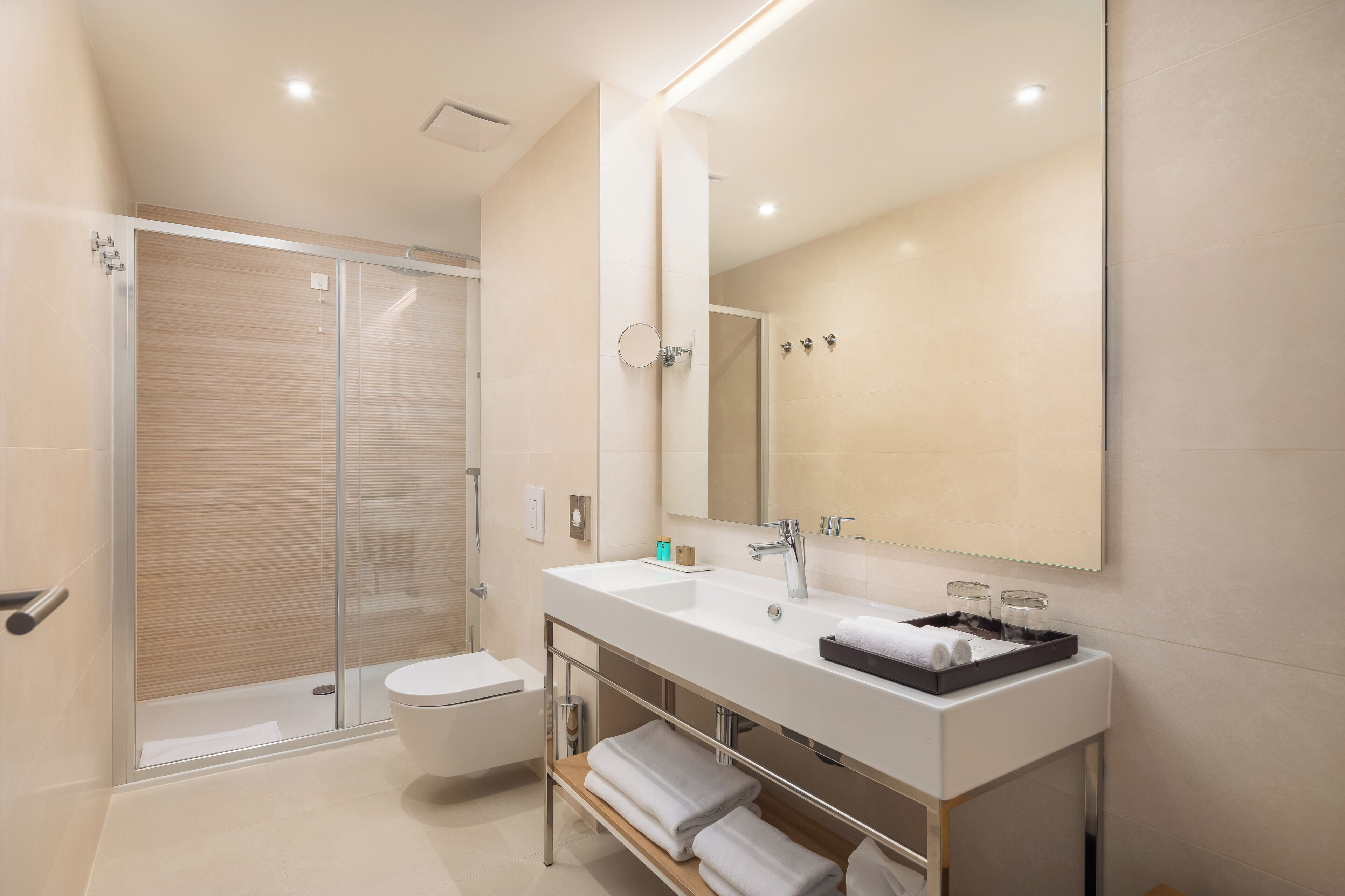 A modern bathroom with a glass shower enclosure, a white sink, and a large mirror.