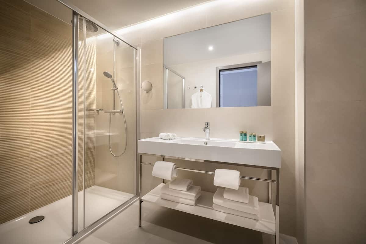 hair dryer, towels, soap, shampoo