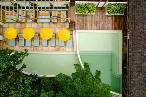 A rooftop pool area with lounge chairs and umbrellas, surrounded by greenery. - Café Jeri Hotel - Adults Only (Jijoca de Jericoacoara)