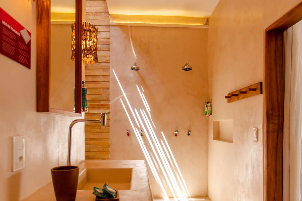 suite pool view | bathroom | shower, rainfall showerhead, designer toiletries, hair dryer