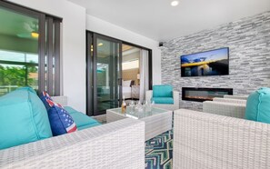 TV, fireplace, music library