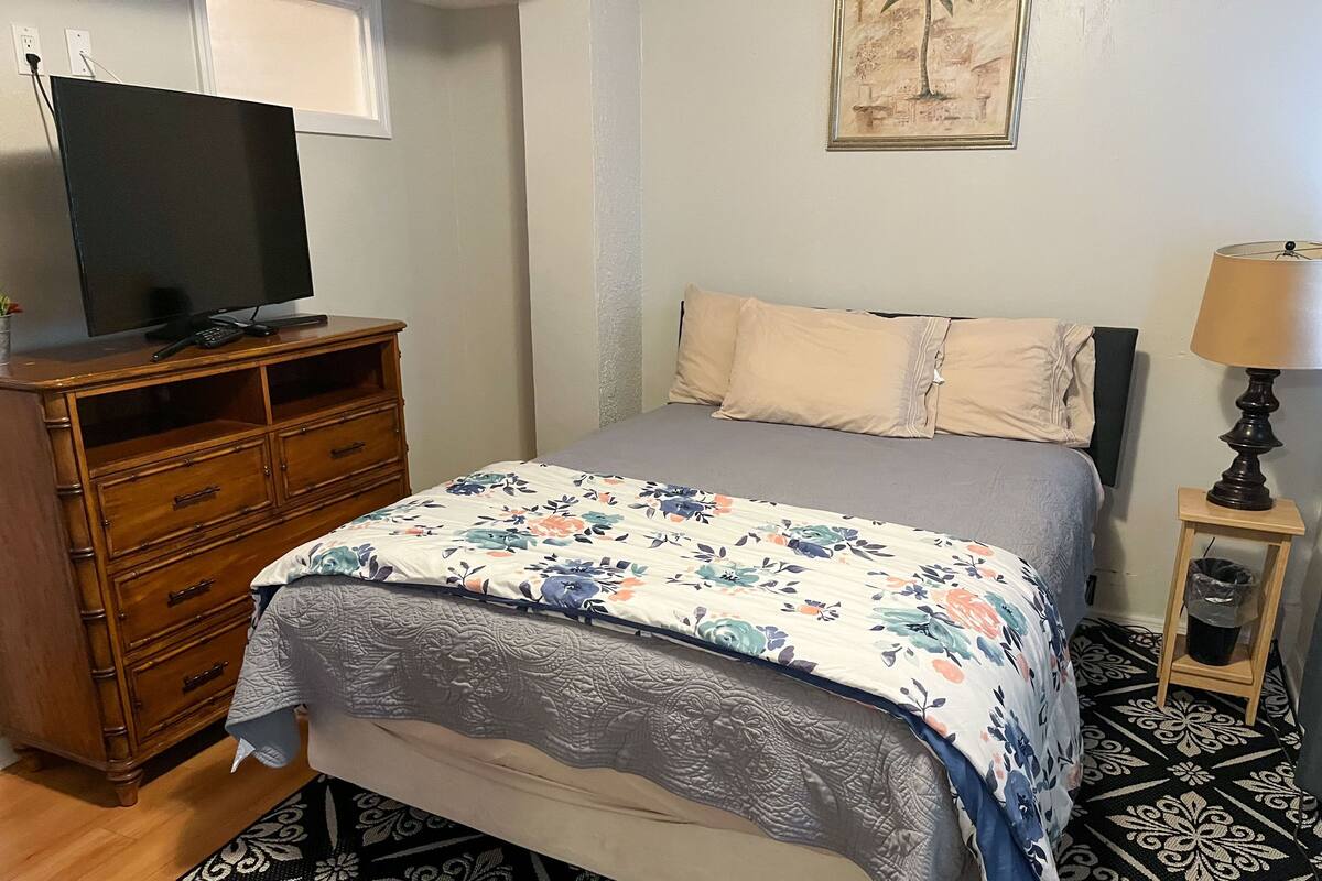 A bedroom with a bed, a dresser, a television, a lamp, and a patterned rug.