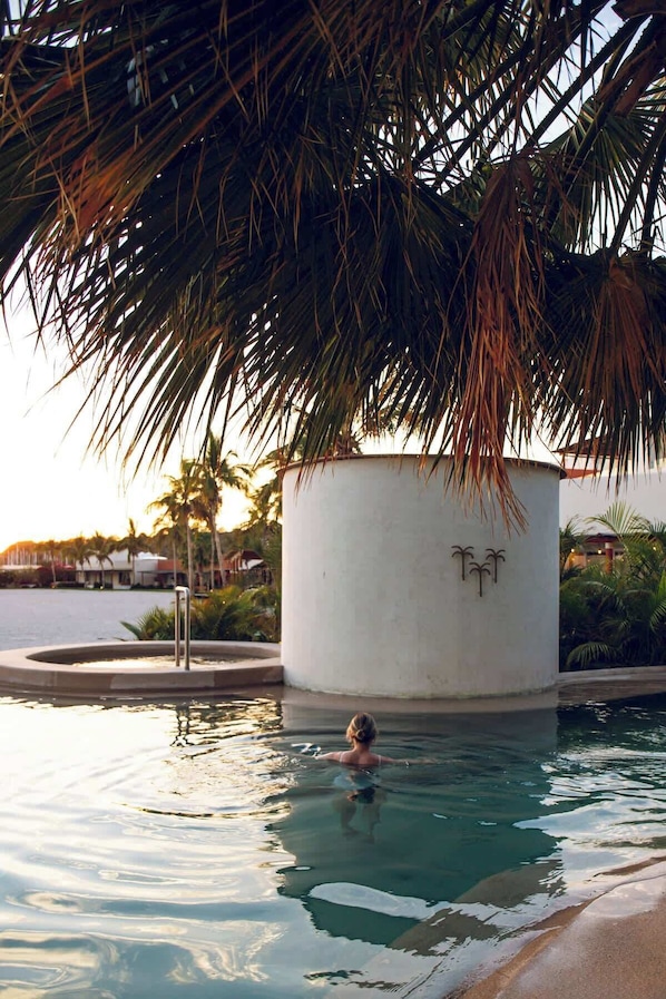 A swimming pool with a palm tree overhead, a concrete structure with palm tree symbols, and a person swimming.