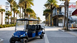 Ein blauer Golfwagen steht auf einer Straße, gesäumt von Palmen und Gebäuden.
