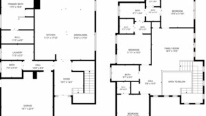 Ein Grundriss eines Hauses mit Hauptschlafzimmer, Wohnzimmer, Küche, Essbereich, zwei Badezimmern, einer Diele, einem Flur, einer Garage und einem Familienzimmer.