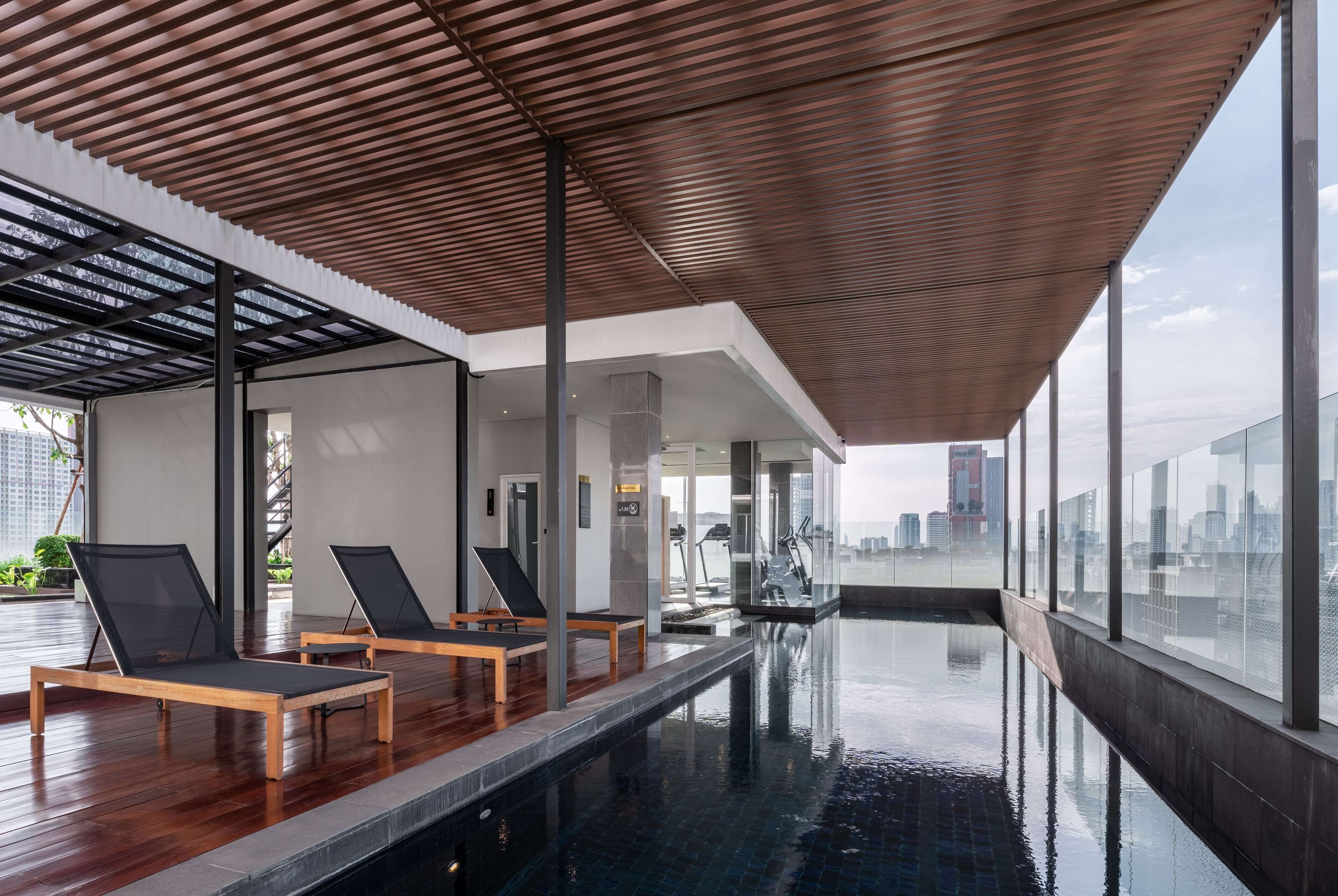 outdoor pool, pool loungers