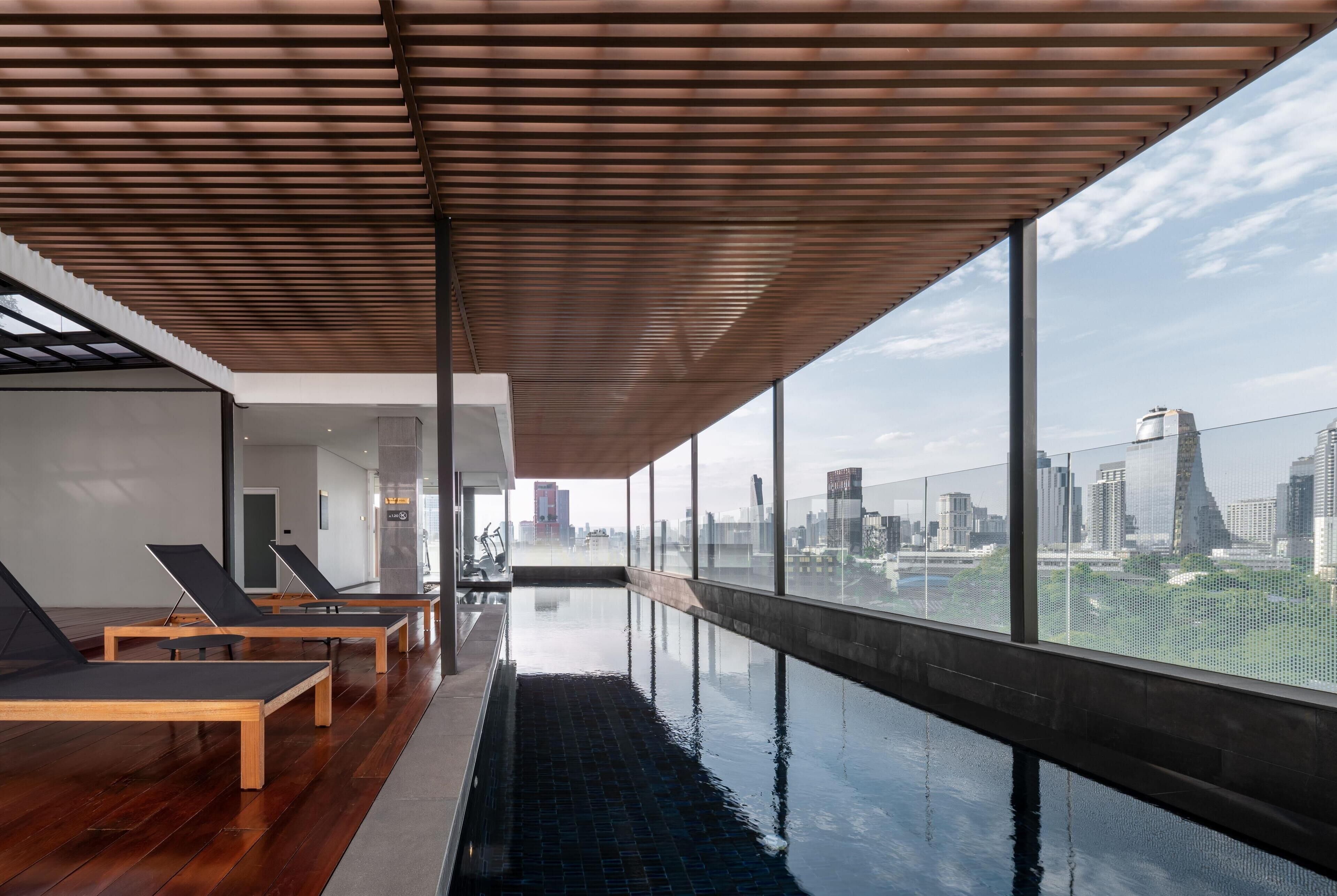 outdoor pool, pool loungers