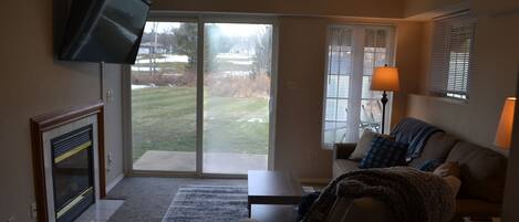 Smart TV, fireplace, books