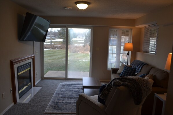 TV connectée, cheminée, livres