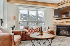 TV, fireplace, books, offices