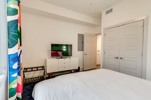 1 bedroom, desk, iron/ironing board, travel cot