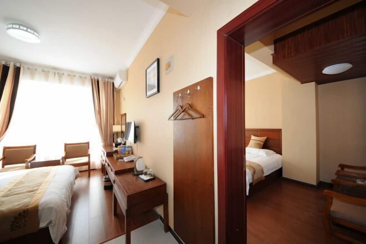 Una habitación de hotel con cama, escritorio, sillas, perchero y armario.