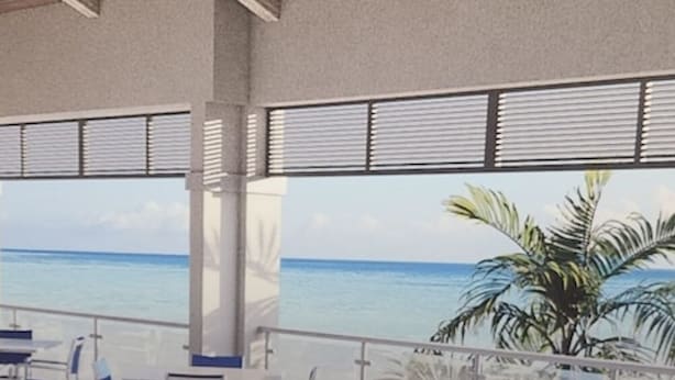 Un espace extérieur aménagé, abrité et doté de tables et de chaises, offrant une vue sur une plage bordée de palmiers et sur l’océan.