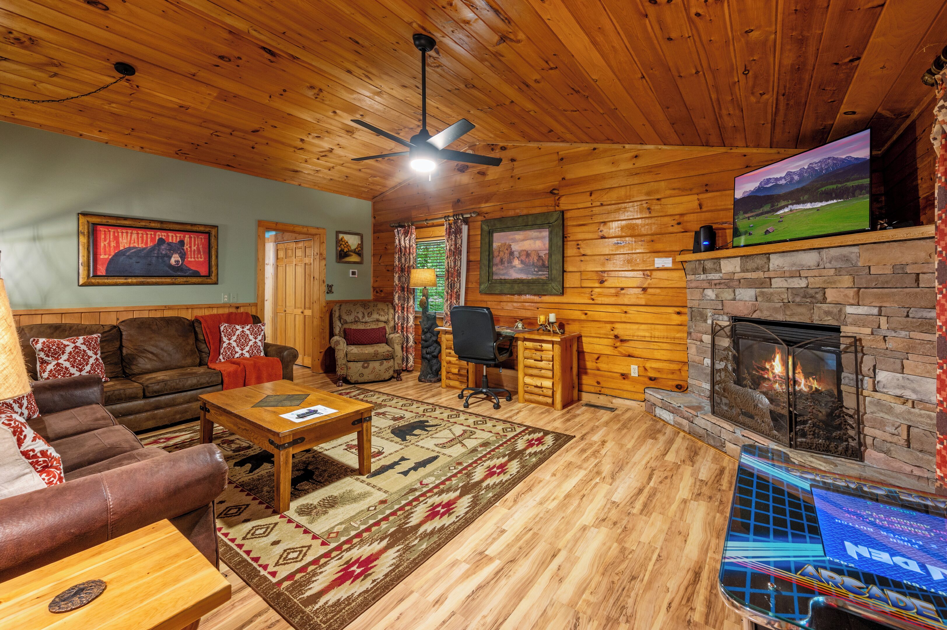 Smart TV, fireplace, video games