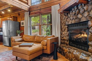 Smart TV, fireplace, table football, books