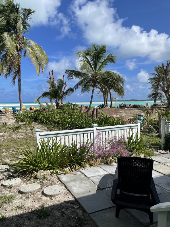 A patio with a view of the ocean, palm trees, and a white fence.