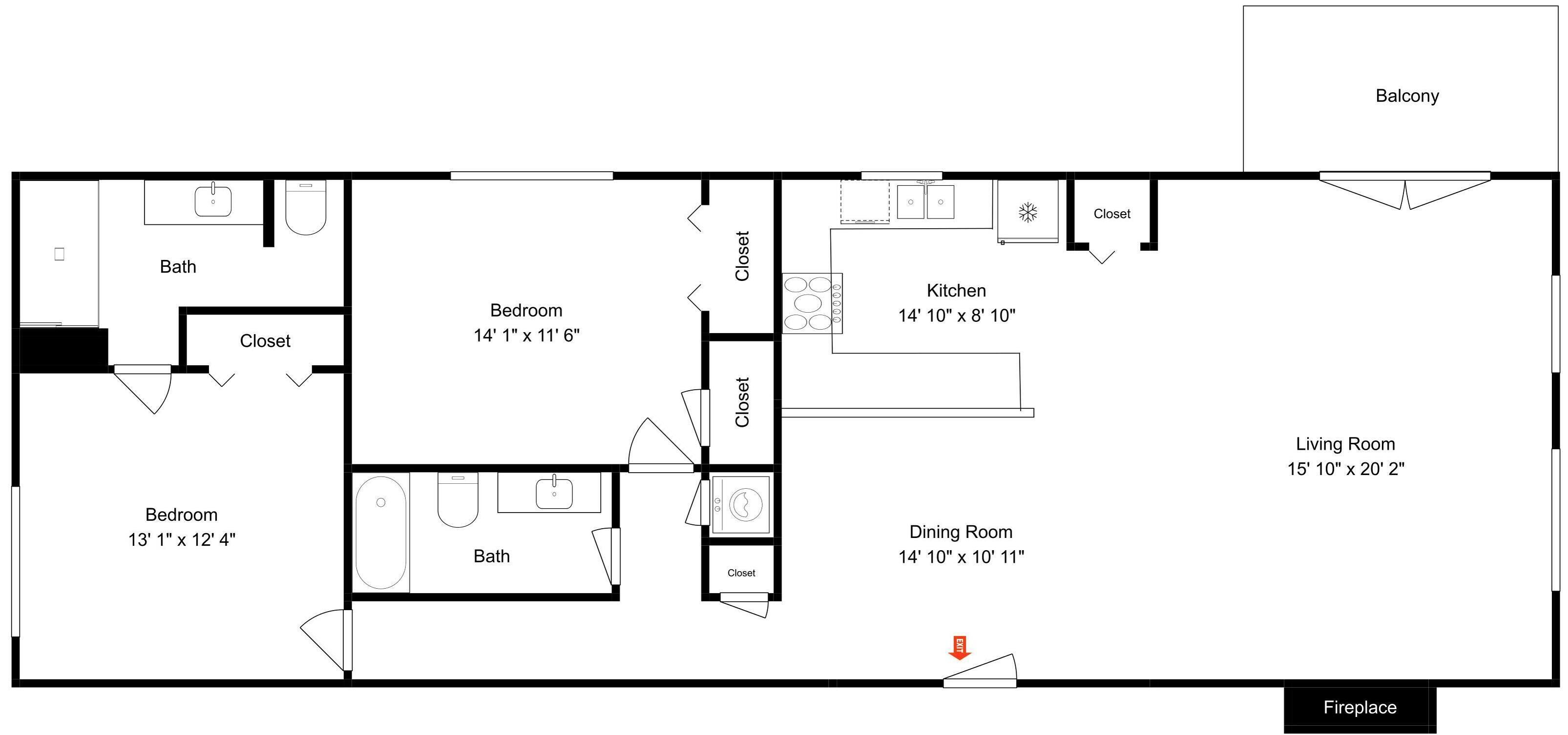 A floor plan with a living room, dining room, kitchen, two bedrooms, two bathrooms, a closet, and a fireplace.