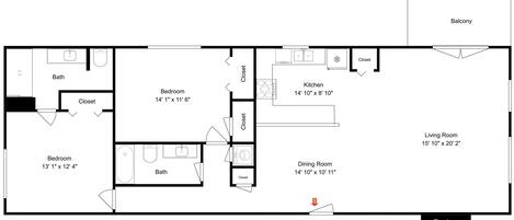 A floor plan with a living room, dining room, kitchen, two bedrooms, two bathrooms, a closet, and a fireplace.