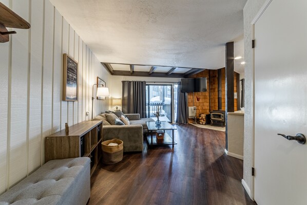 Smart TV, fireplace, books