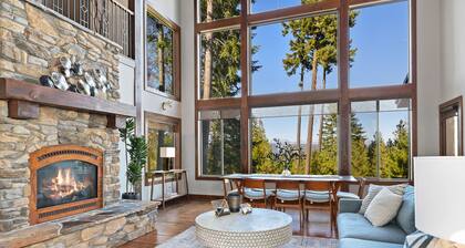 Mountain-view house with hot tub, chef's kitchen, fireplace, and home office