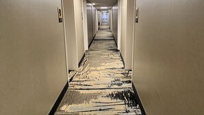A hotel hallway with a patterned carpet, doors on both sides, and a ceiling light.