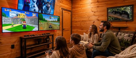 Smart-TV, Kamin, Videospiele, Tischfußball