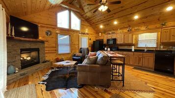 Smart TV, fireplace, books