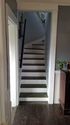 Stairs lead to an upper floor, flanked by a shelf with a potted plant and a door.
