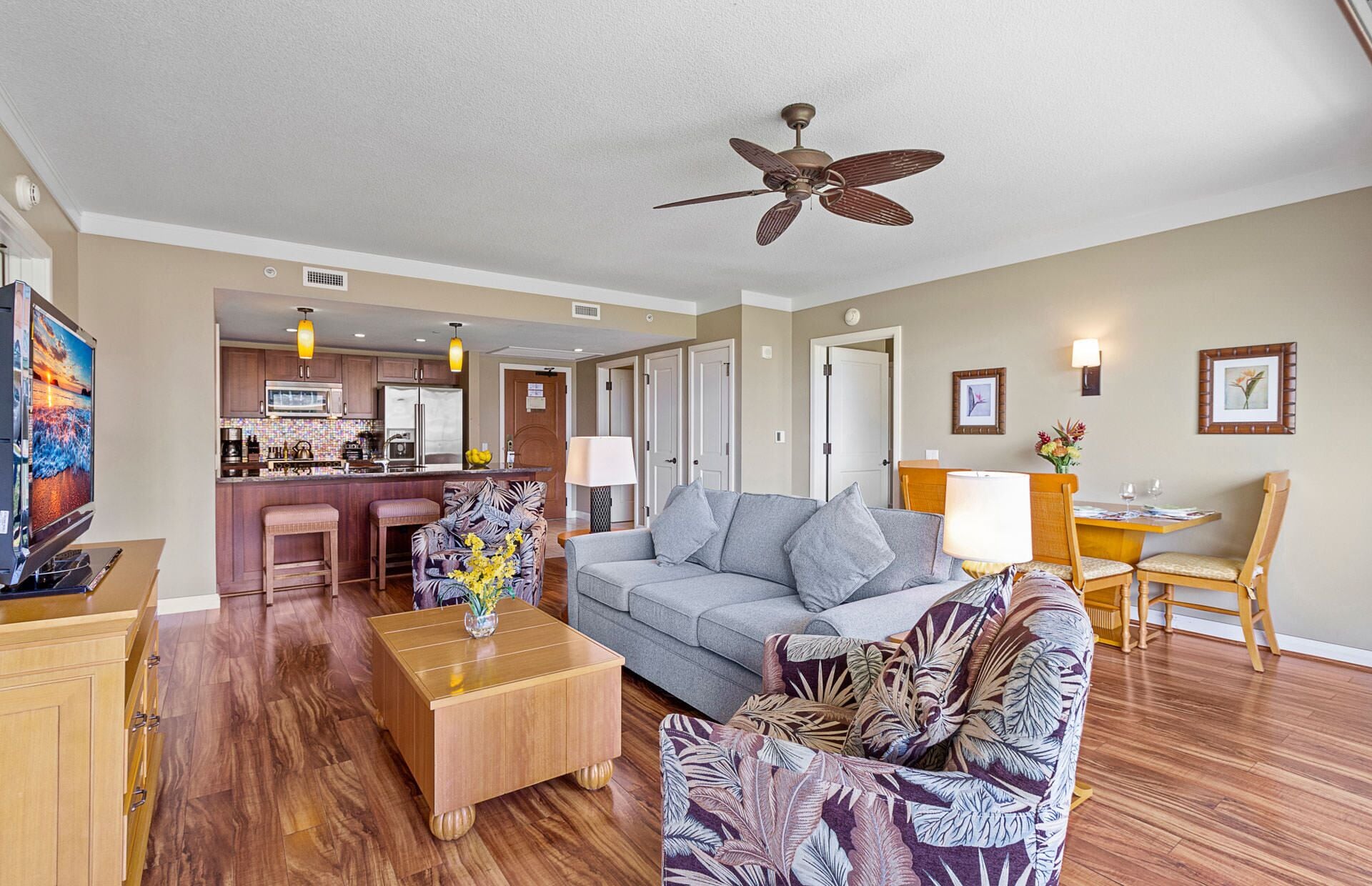 TV, DVD player, stereo