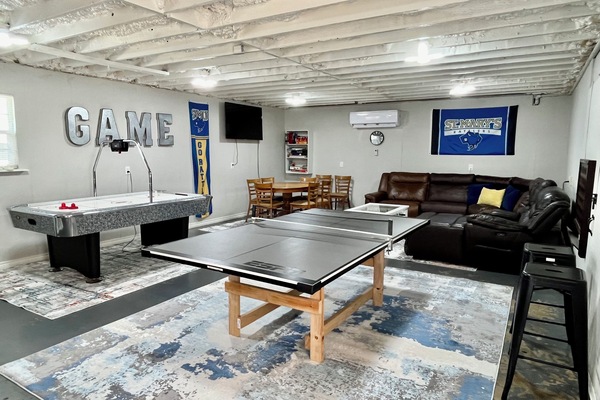 Ping pong, air hockey, connect 4, card playing table, gaming TV, foosball