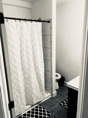 Shower, towels, toilet paper
