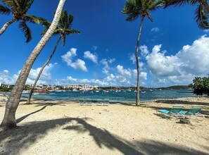 Une plage bordée de palmiers, un ciel bleu azur et des bateaux sur l’eau.