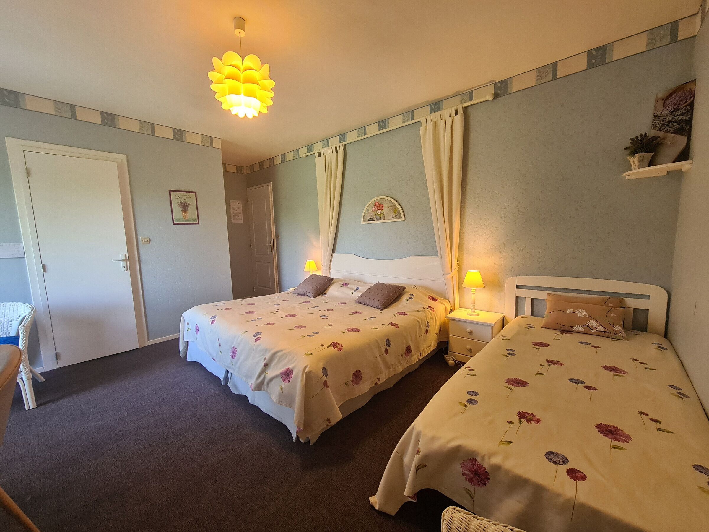 A bedroom with two beds, a bedside table with a lamp, a hanging light fixture, a door, and a small shelf with a plant.