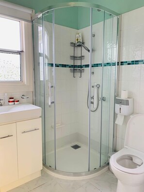 A bathroom with a glass-enclosed shower, a toilet, and a sink with a window above.