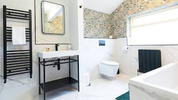 Separate tub and shower, hair dryer, towels