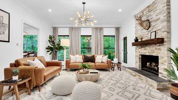 Télévision, cheminée, livres, espaces bureaux