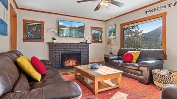 Una Smart TV, una chimenea, un reproductor de DVD, libros