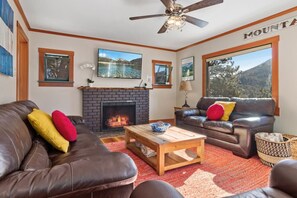 Smart TV, fireplace, DVD player, books