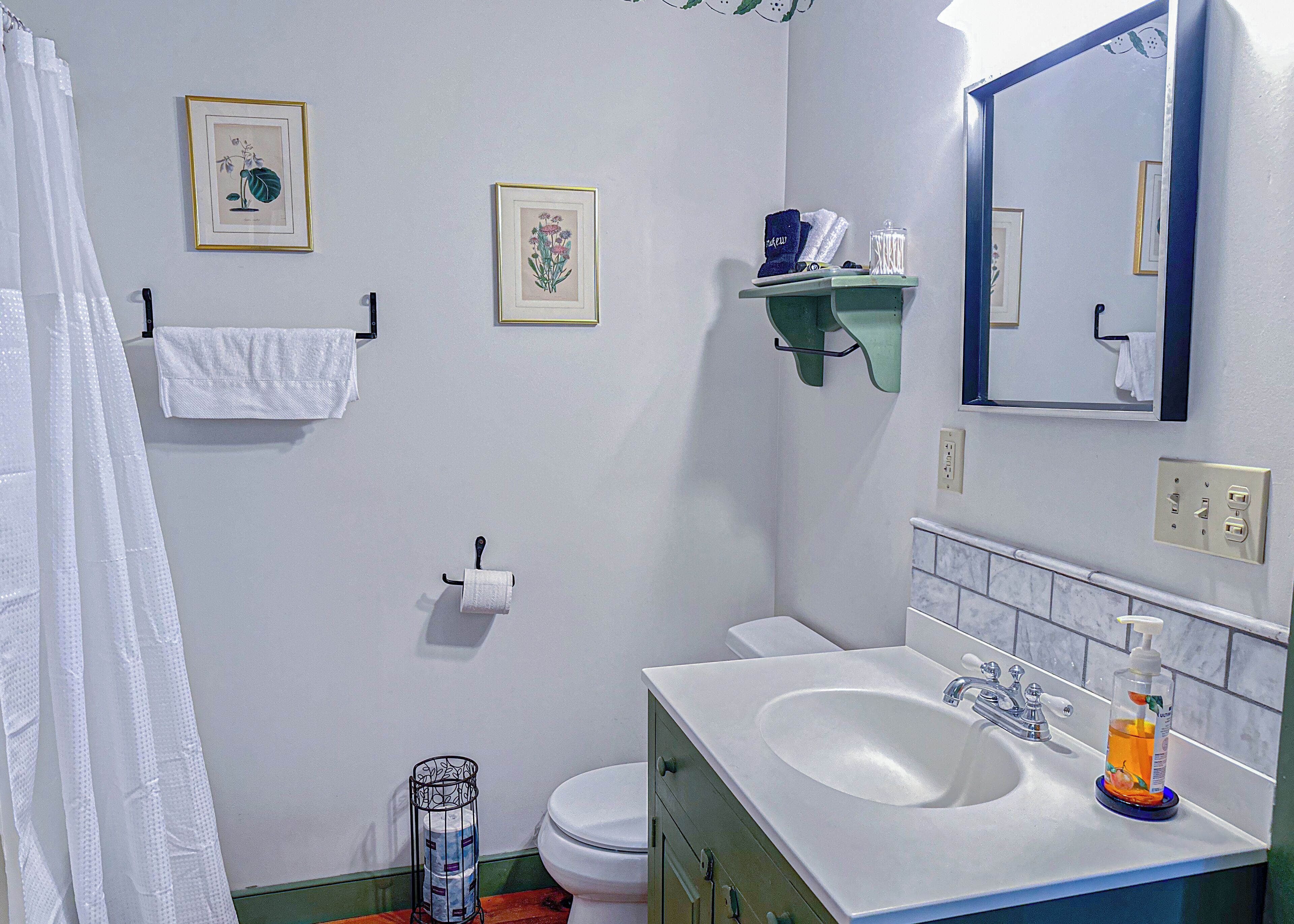 Une salle de bain équipée de toilettes, d’un lavabo et de deux reproductions botaniques encadrées accrochées au mur.