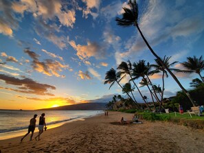 Uma praia com palmeiras, um pôr do sol e algumas pessoas caminhando.