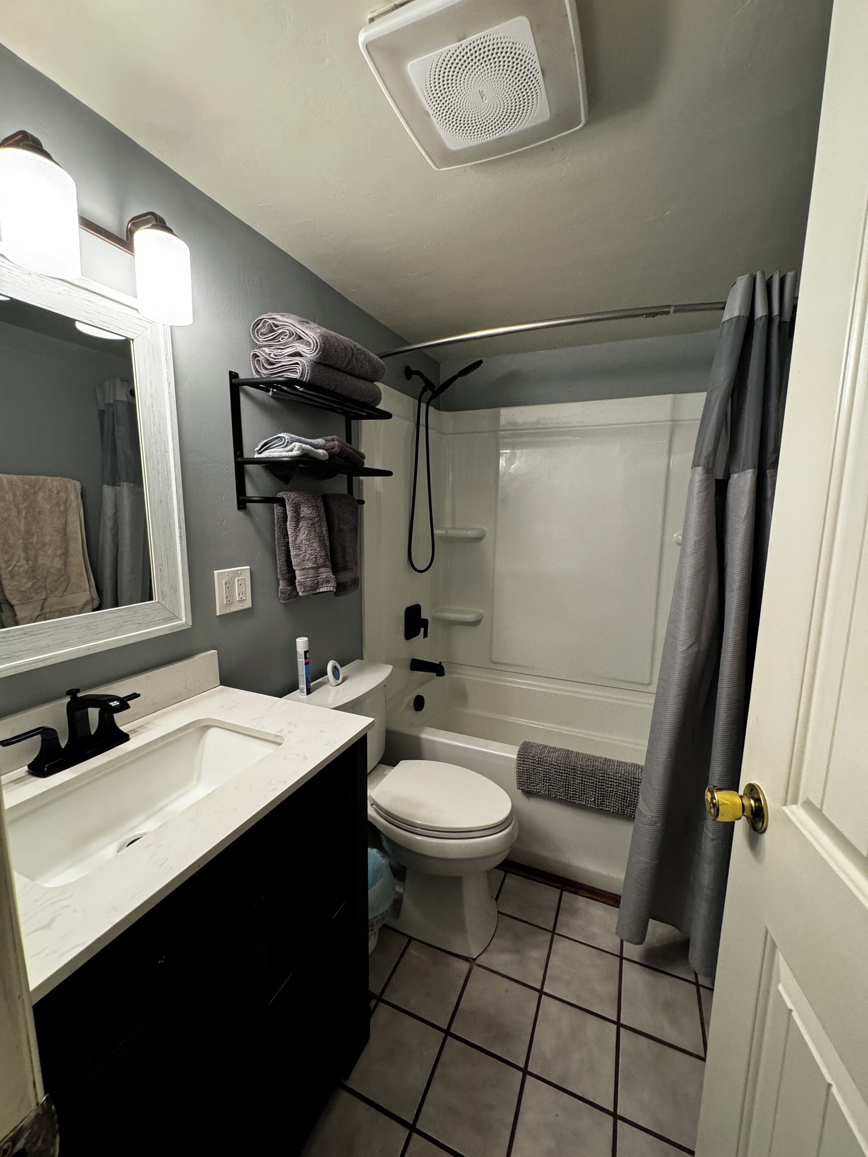Combined shower/tub, hair dryer, towels, soap