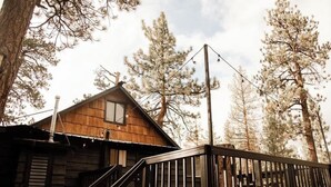 A cabin with a wooden exterior, a deck, and surrounding tall pine trees.