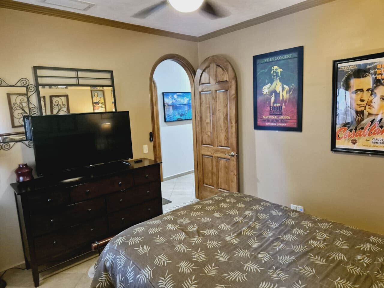 A bedroom with a bed, dresser, TV, wooden door, and posters on the wall.