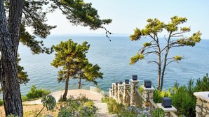 Un sentiero costiero con muretti in pietra e pini, che conduce a una vista sul mare.