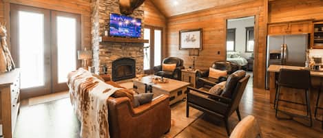 TV, fireplace, table football