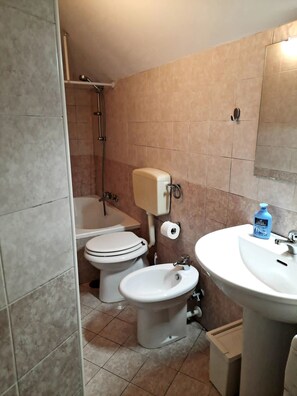 Tina con regadera, secadora de cabello, bidet, toallas 