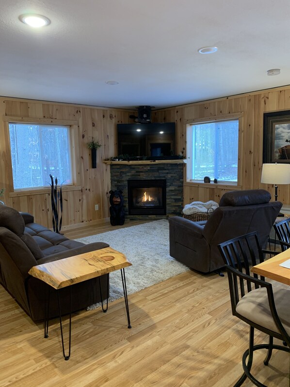 Smart TV, fireplace, DVD player, books